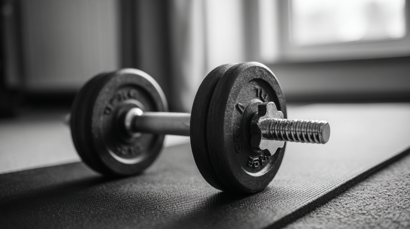 Zwart-witfoto van een dumbbell op een trainingsmat