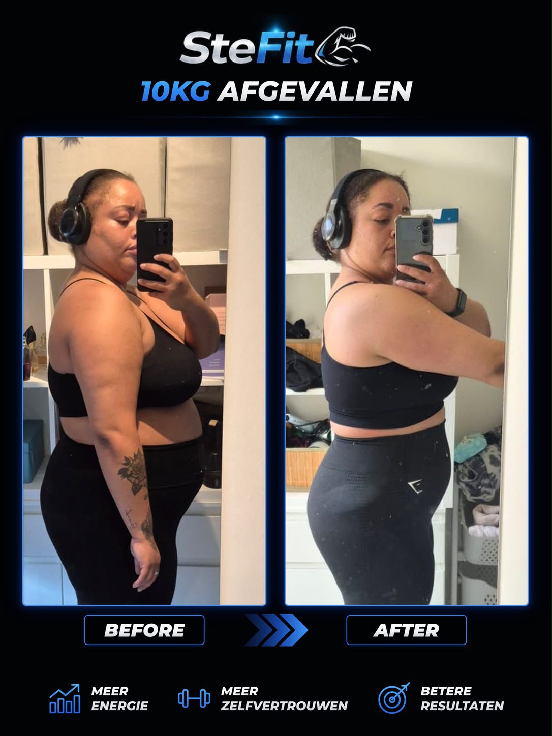Voor- en na-foto van een klant van SteFit Coaching die 10 kg is afgevallen