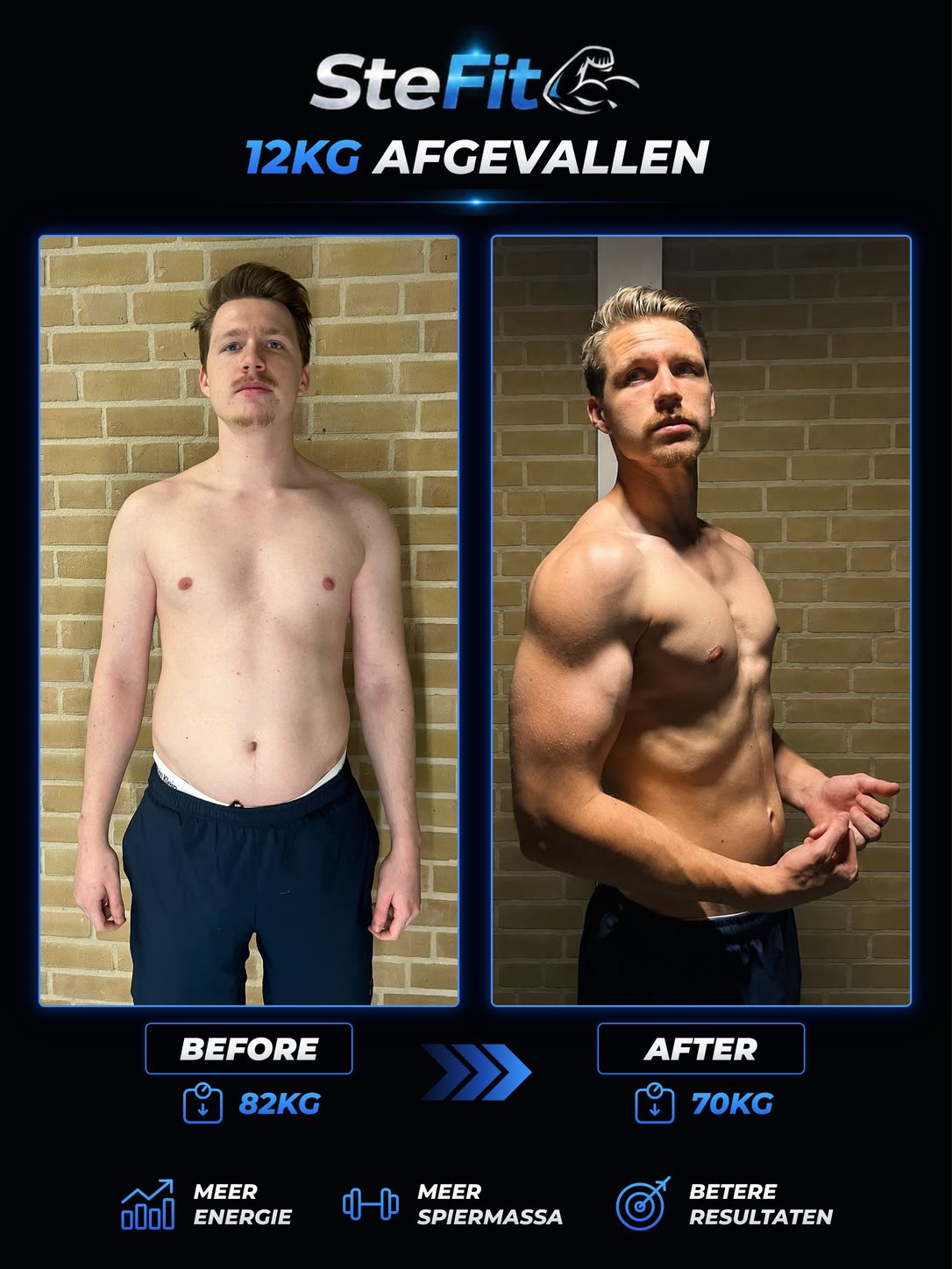Voor- en na-foto van een klant van SteFit Coaching die 12 kg is afgevallen